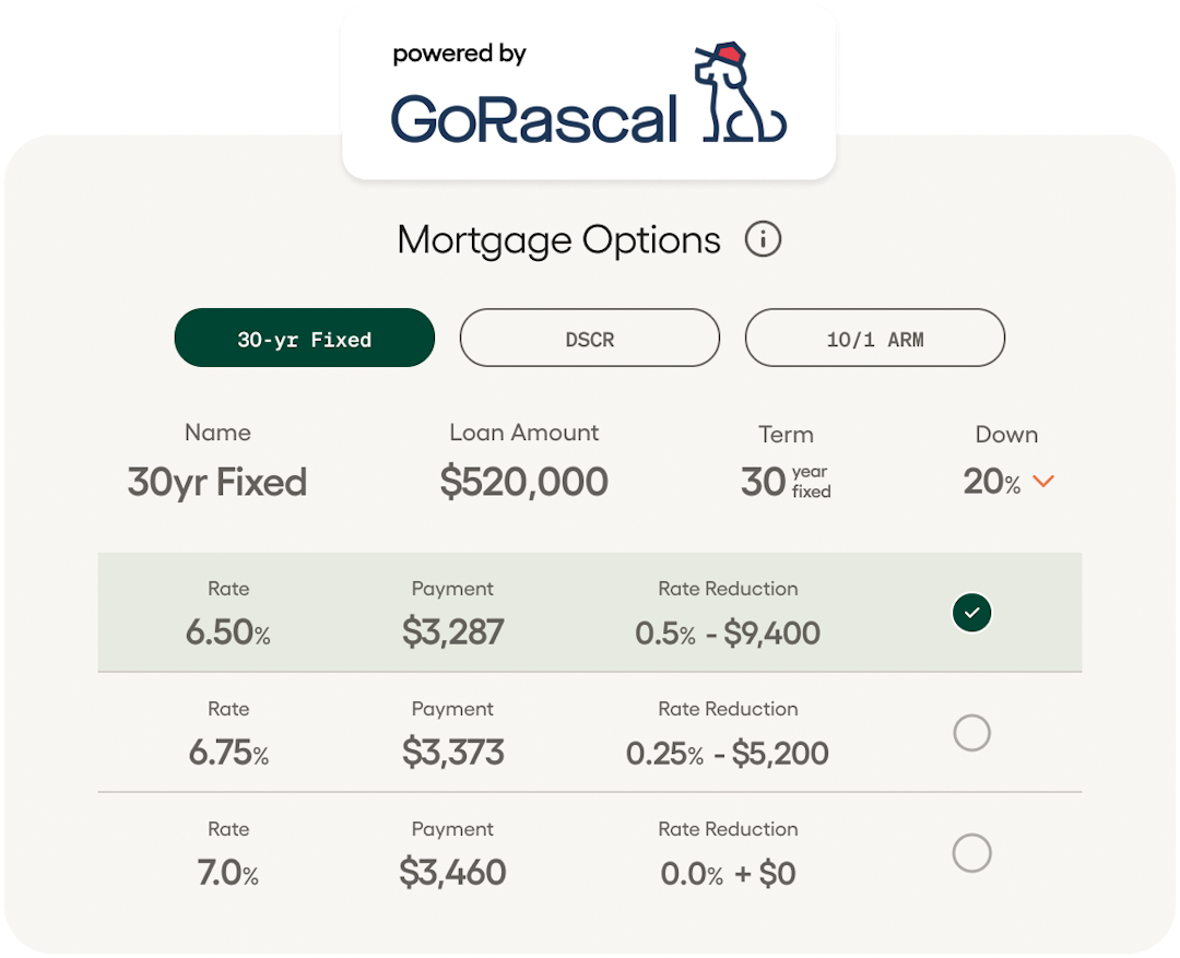 The Stuga mortgage options UI